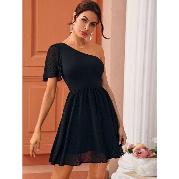 One Shoulder Swiss Dot swing mini Dress black boho - Picture 3 of 8